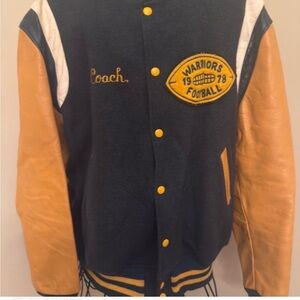 Vintage  Football Varsity Jacket - Dark Green  and yellow : leather sleeves.